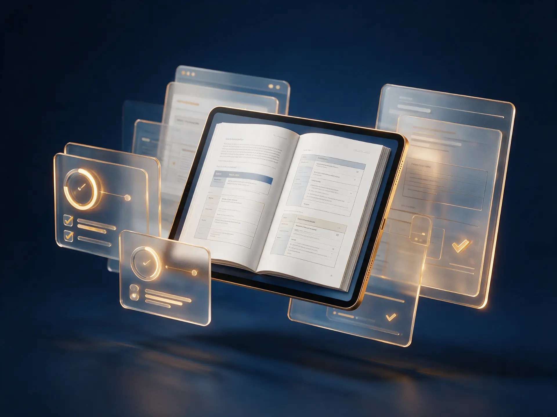 A tablet showing an open digital workbook surrounded by floating worksheets, checklists and progress cards.